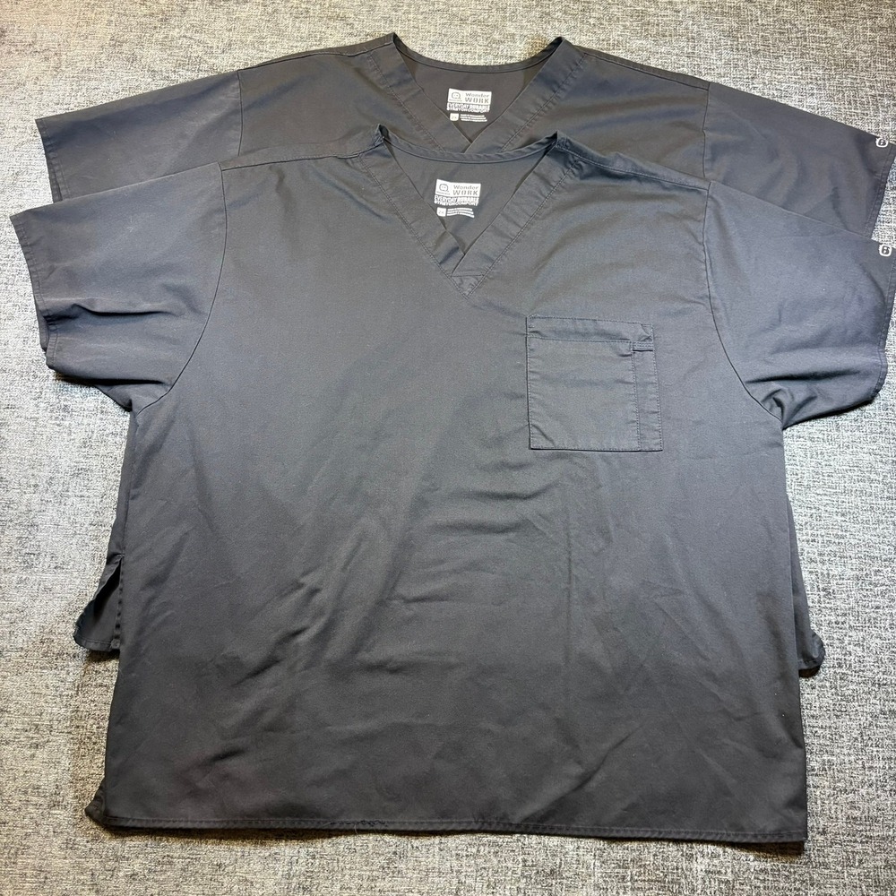WonderWink WonderWORK Scrub Top Unisex 2X Black V-Neck Stretch Lot of 2